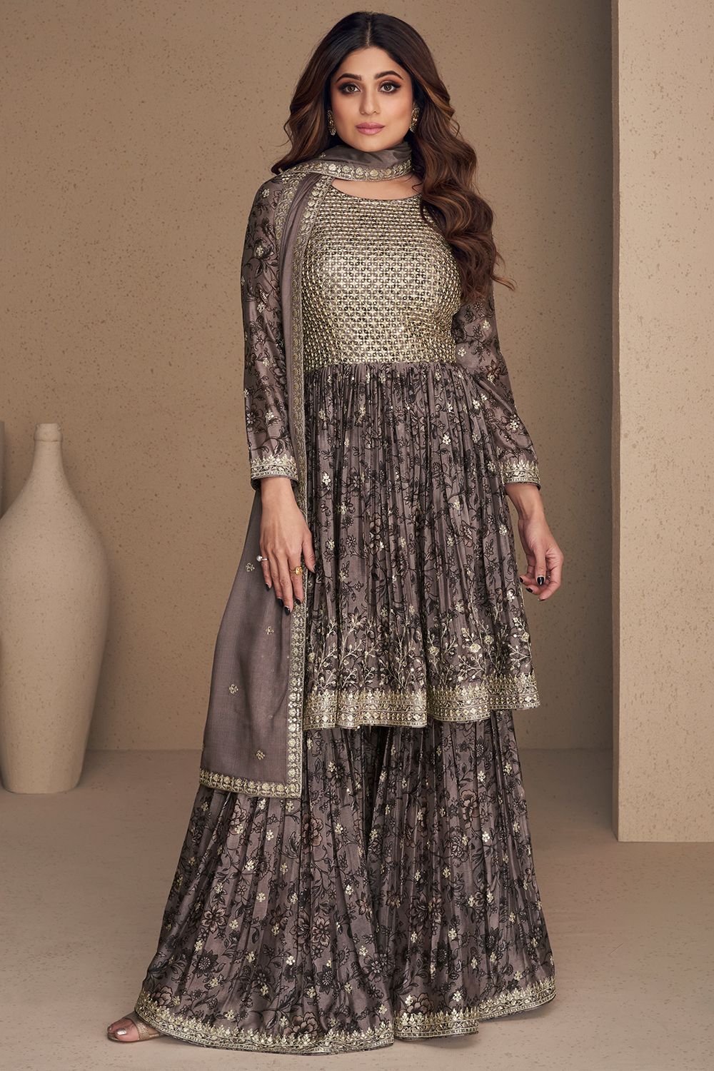 Charcoal Grey Chinnon Silk Sharara Suit