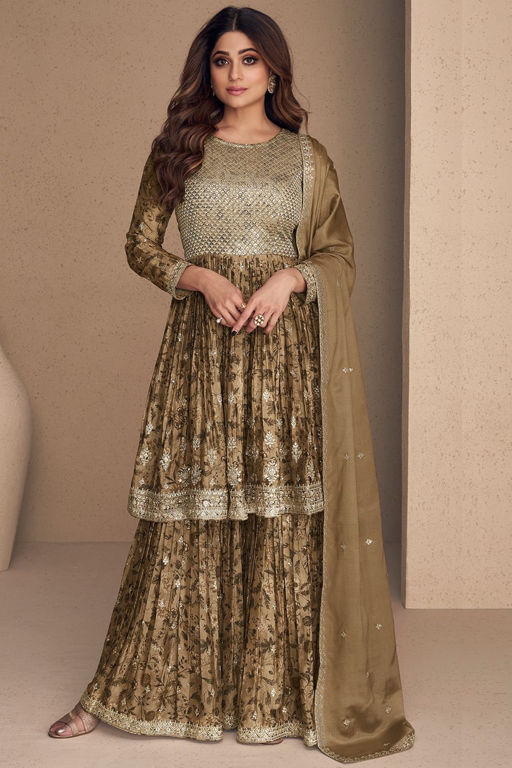 Light Brown Chinnon Silk Sharara Suit
