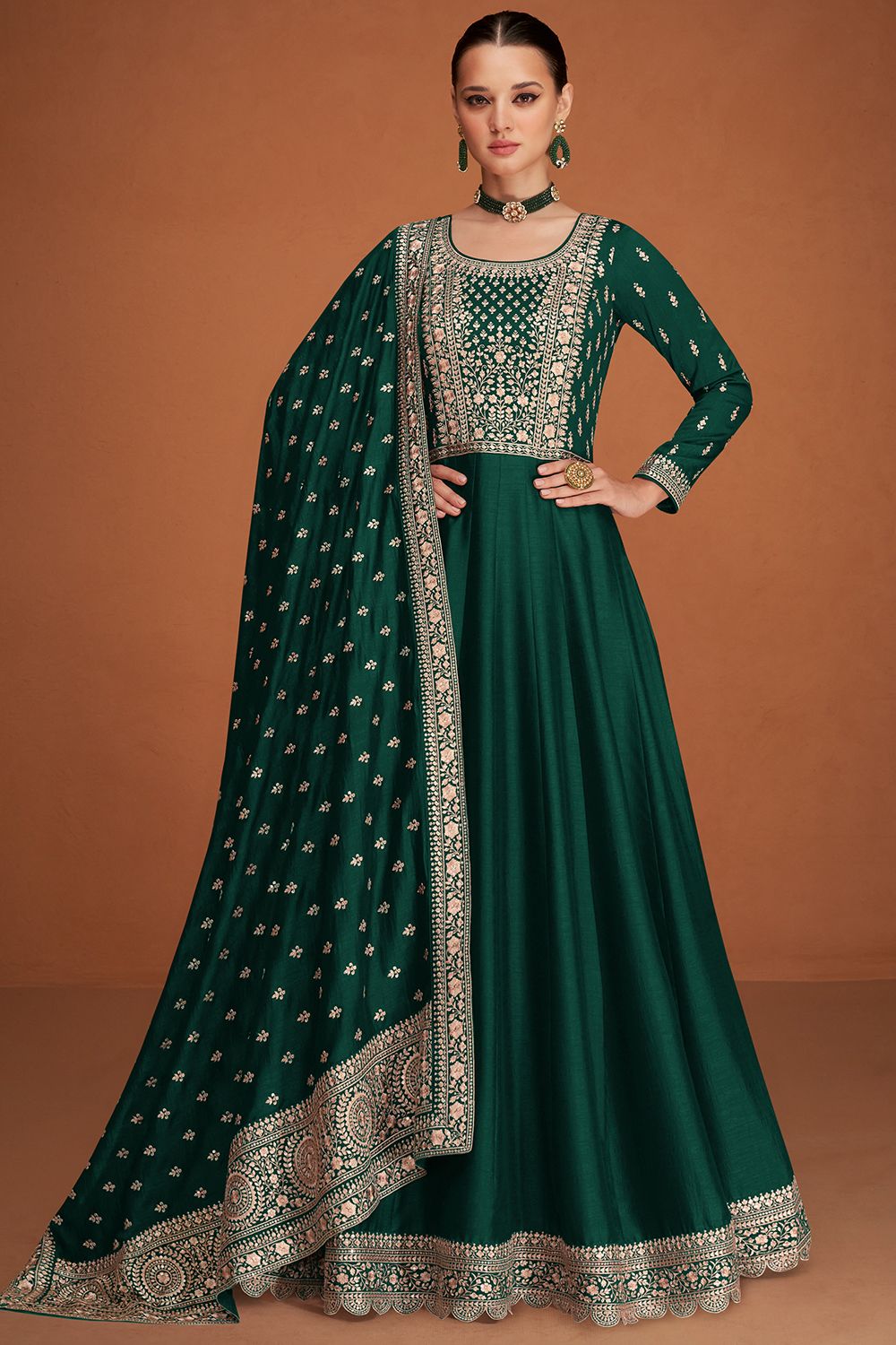 Dark Green Silk Embroidered Anarkali Suit