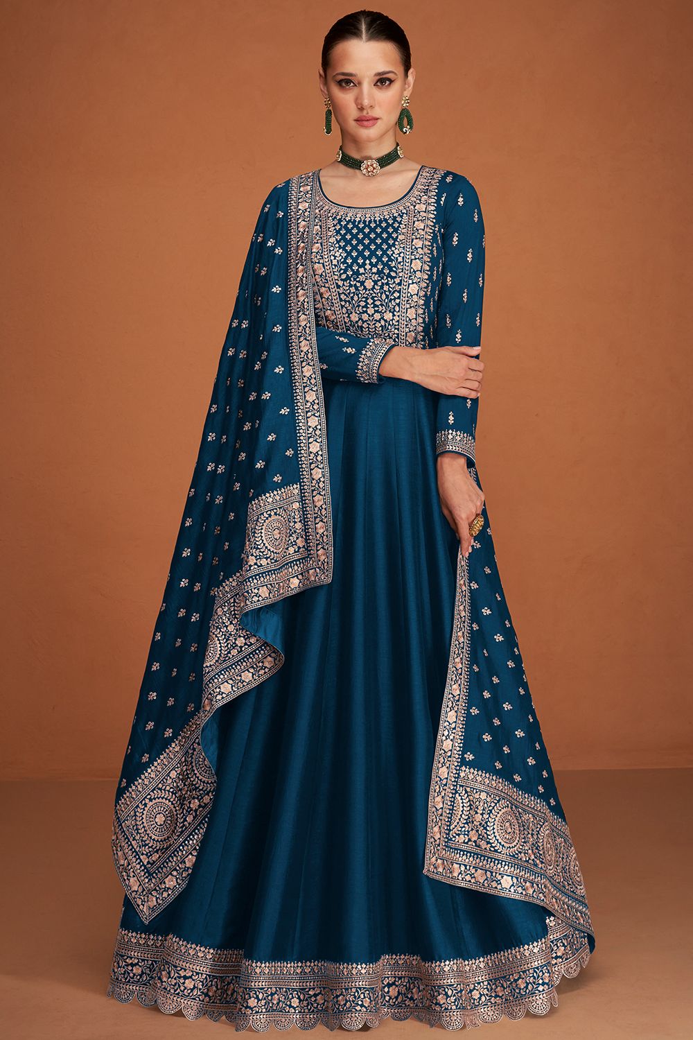 Blue Embroidered Silk Anarkali Suit