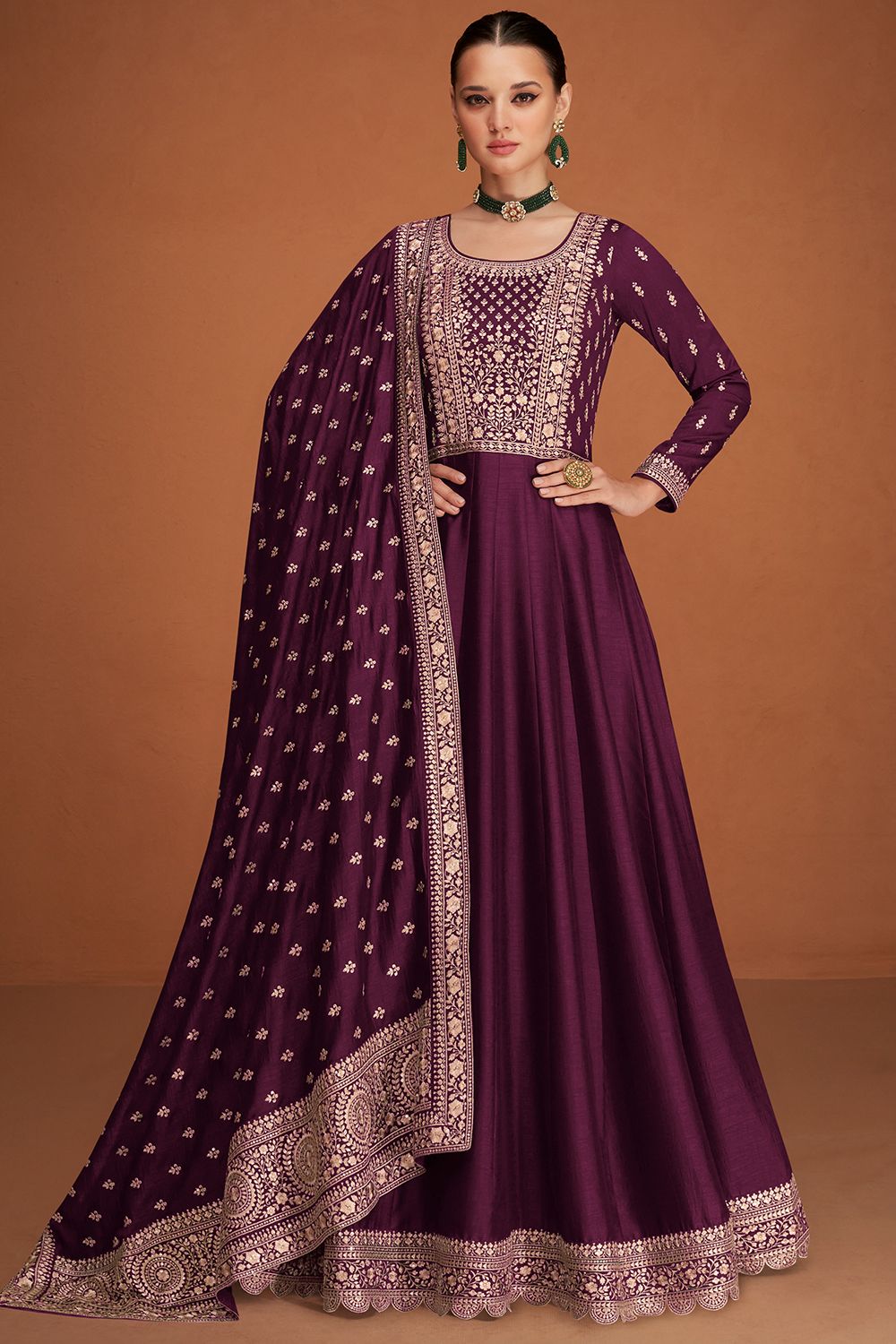 Maroon Silk Embroidered Anarkali Suit