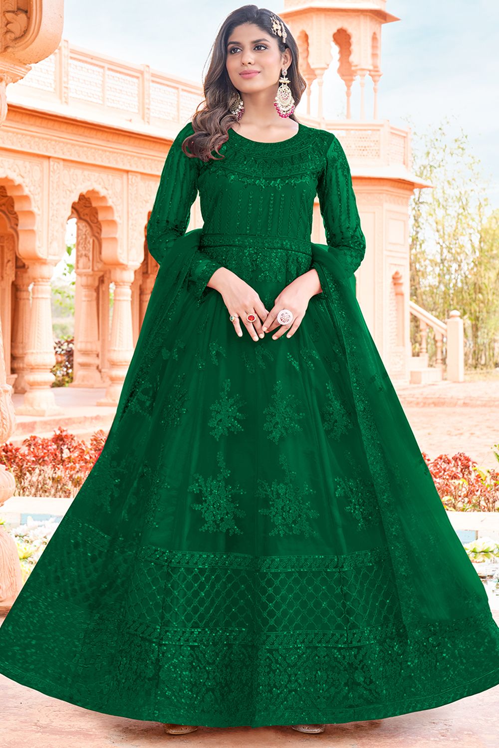 Green Embroidered Net Anarkali Suit