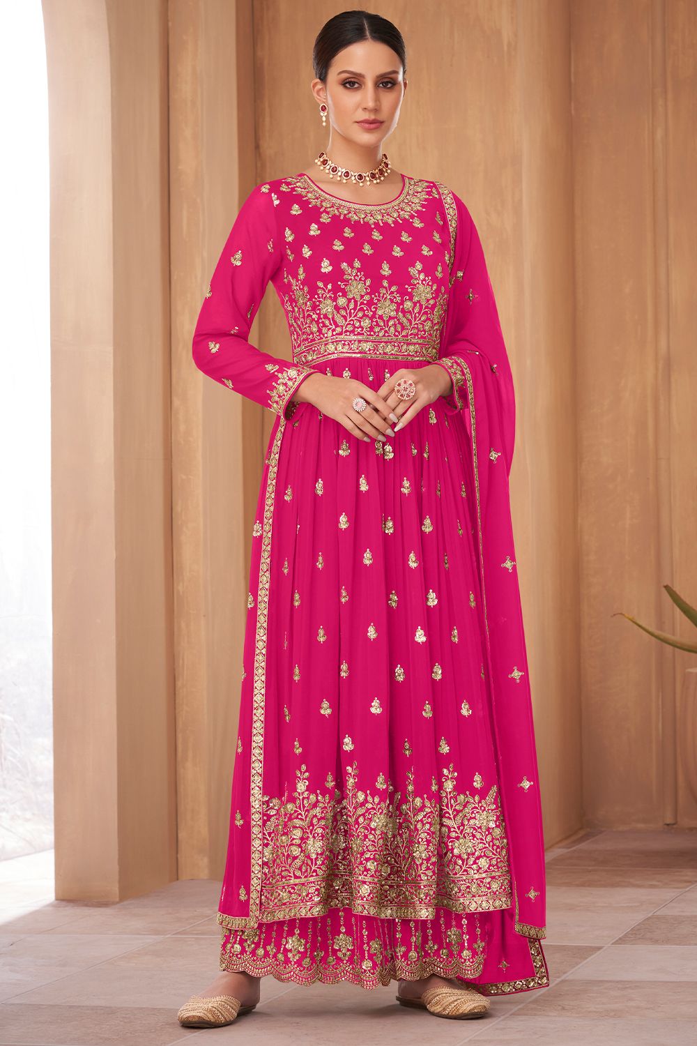 Pink Georgette Embroidered Palazzo Suit