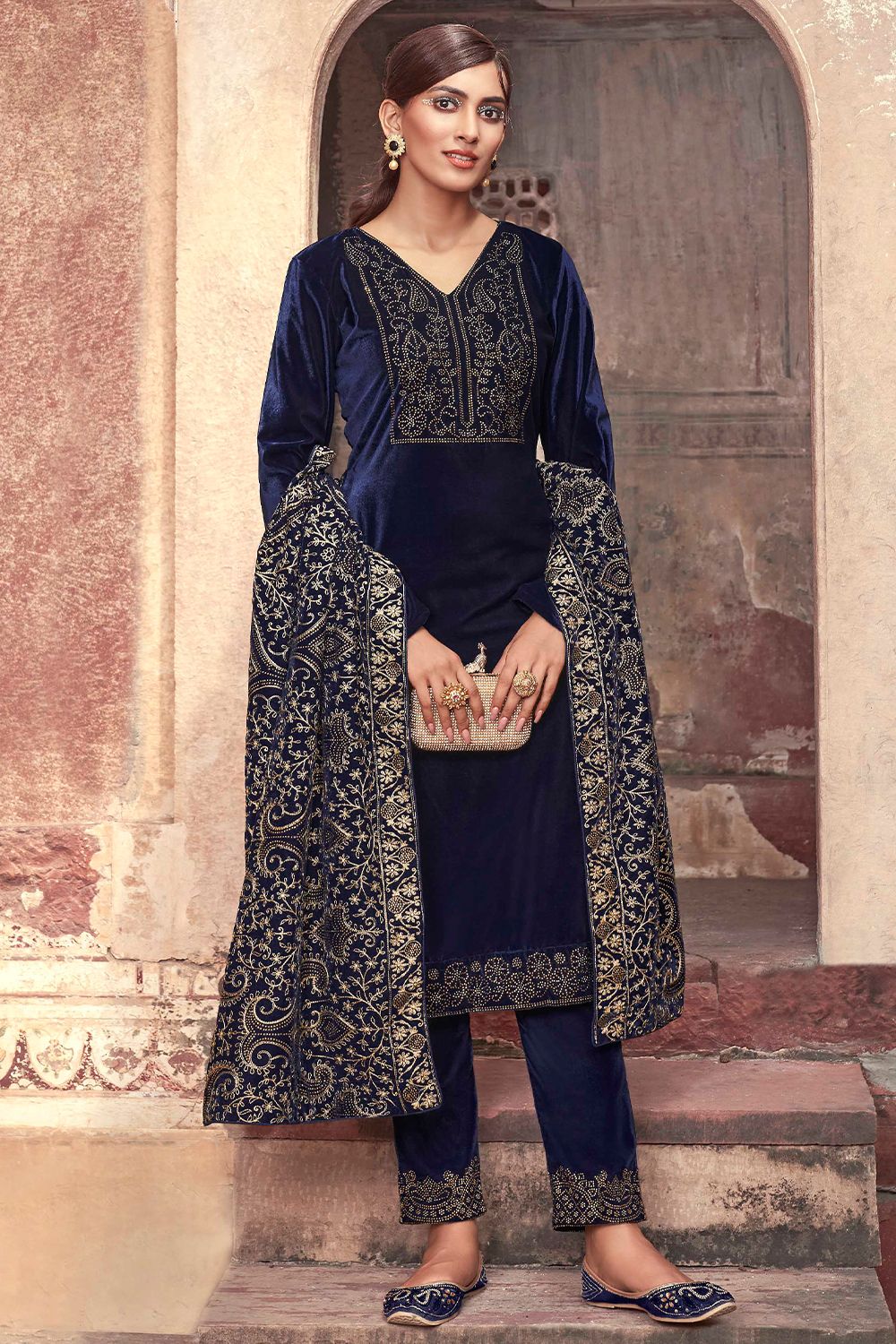 Navy Blue Velvet Suit Set