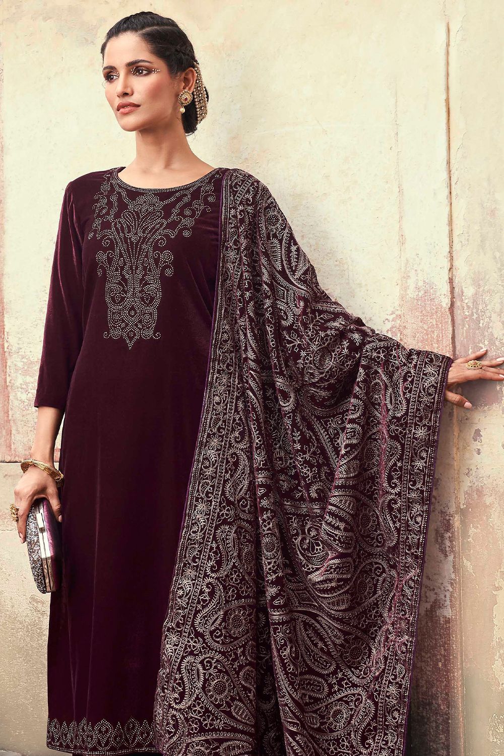 Maroon Velvet Suit Set
