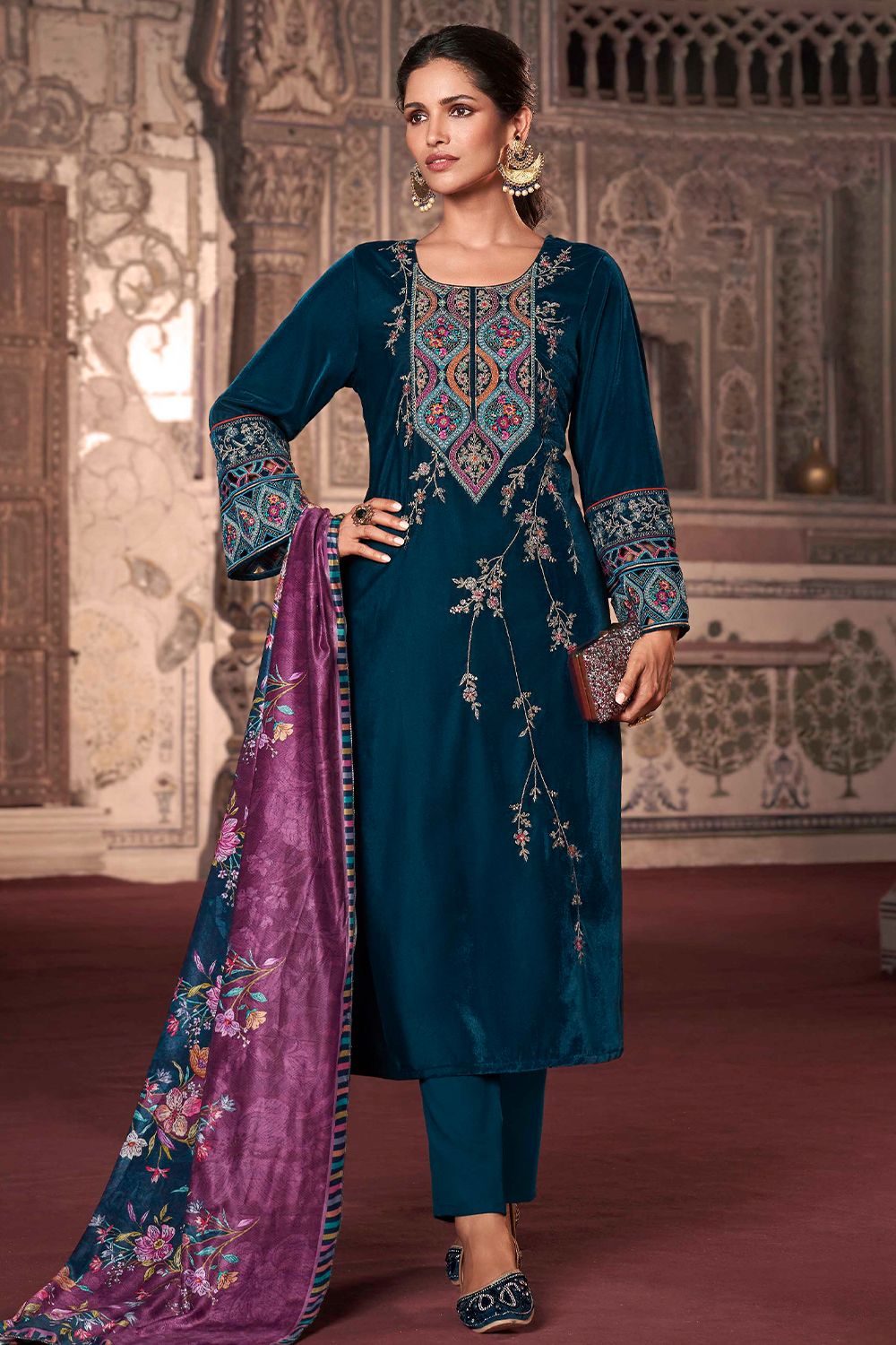 Teal Blue Embroidered Velvet Suit Set