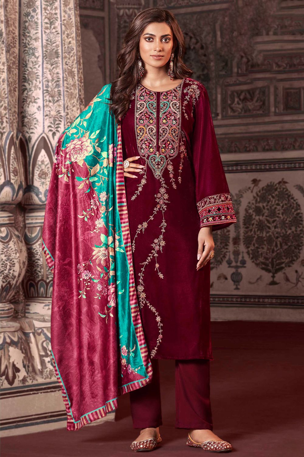 Maroon Embroidered Velvet Suit Set
