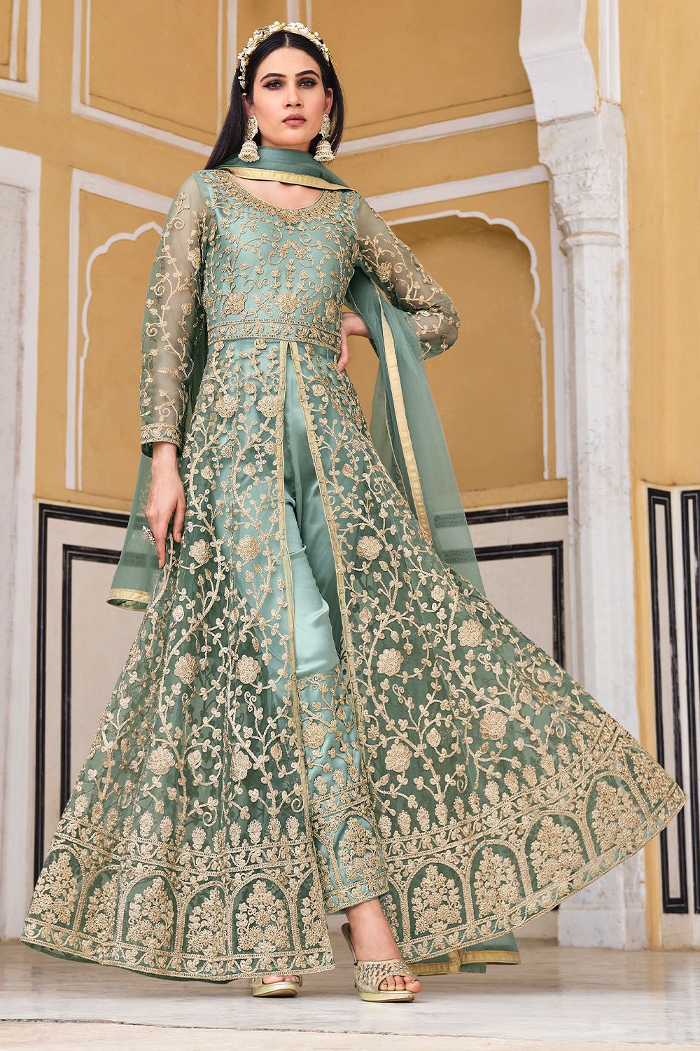 Sea Green Embroidered Front Slit Net Suit