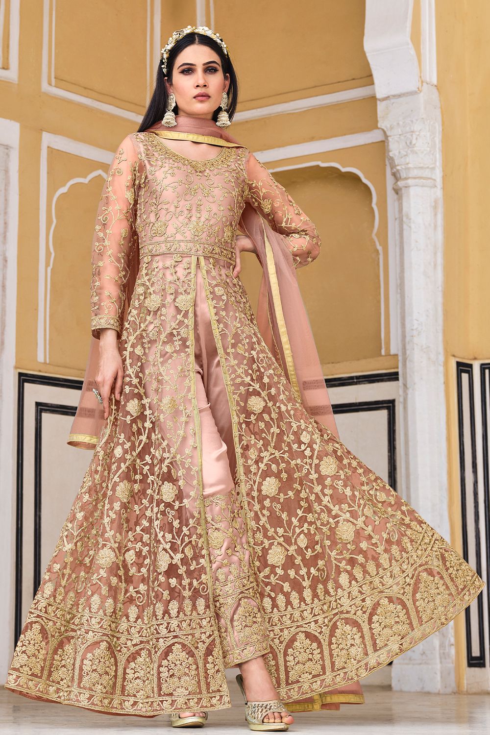 Peach Embroidered Front Slit Net Suit