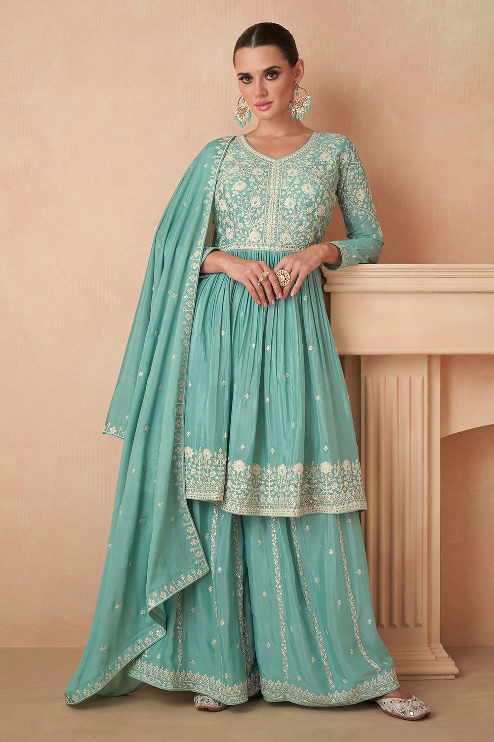 Sea Green Embroidered Chinnon Sharara Suit