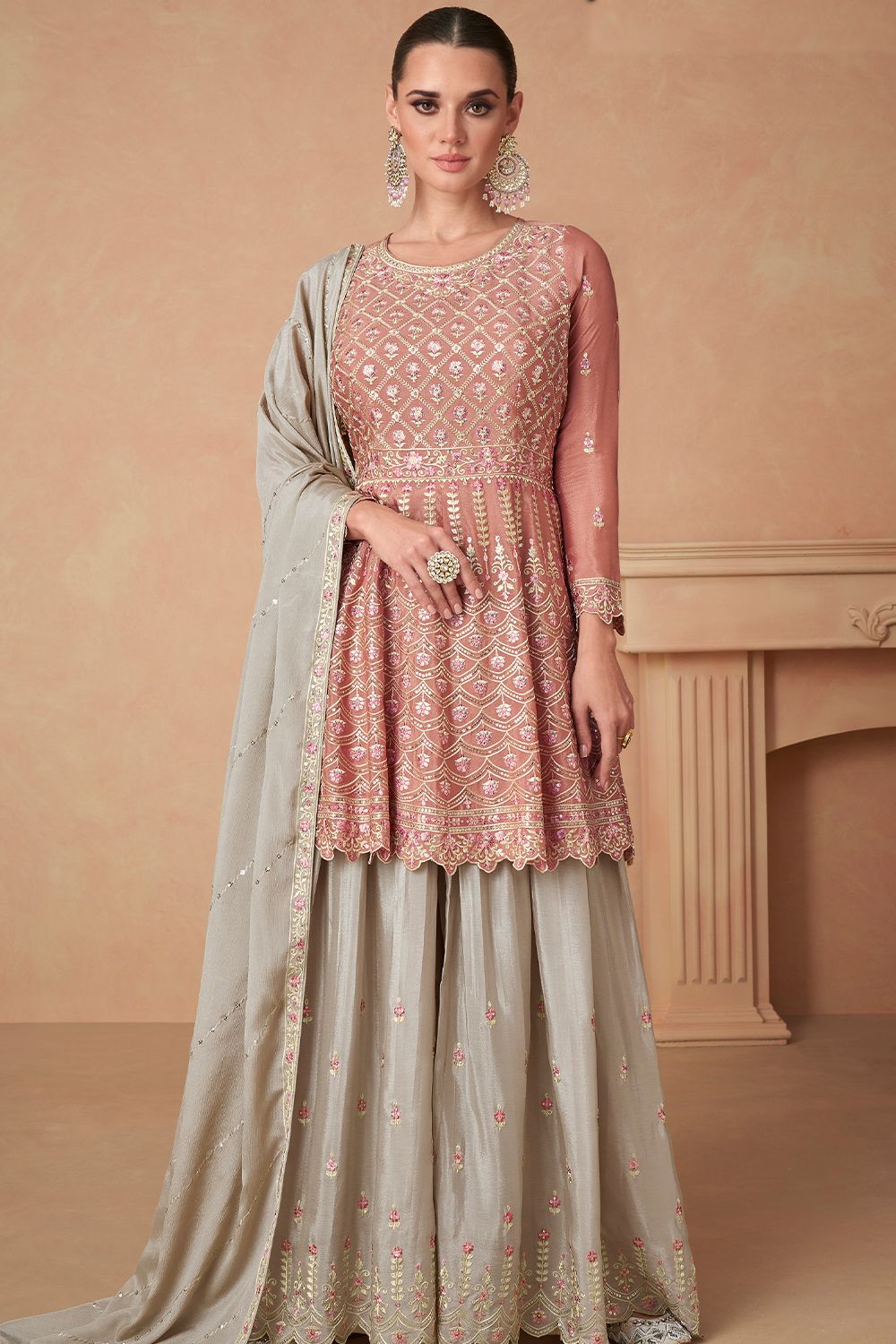 Peach Embroidered Chinnon Sharara Suit