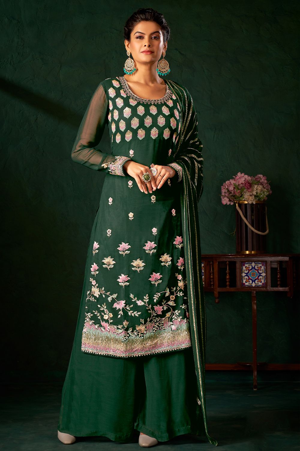 Green Georgette Embroidered Palazzo Suit