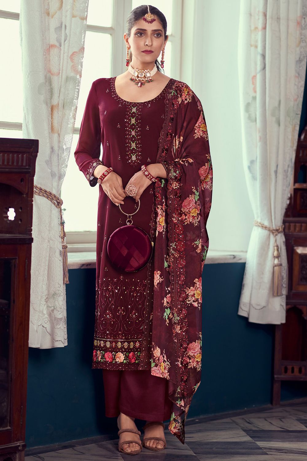 Maroon Georgette Embroidered Pant Suit