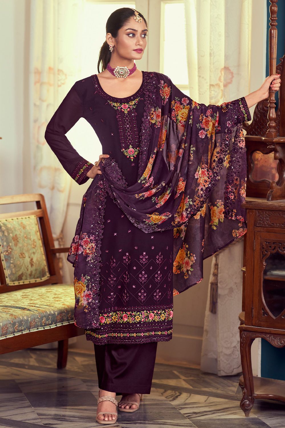 Purple Georgette Embroidered Pant Suit