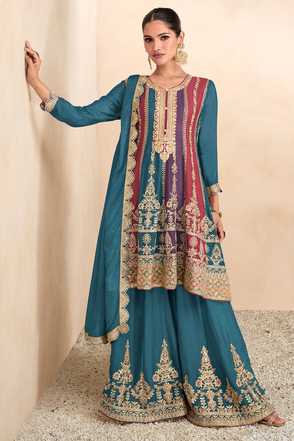 Multi Color Blue Chinon Embroidered Suit
